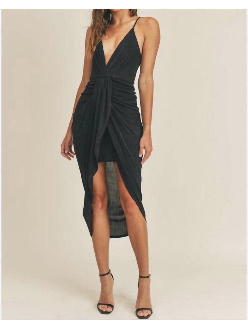 Black Cocktail Dress Womens Size L Large Deep V Neck Draped Midi Asymmetric New!